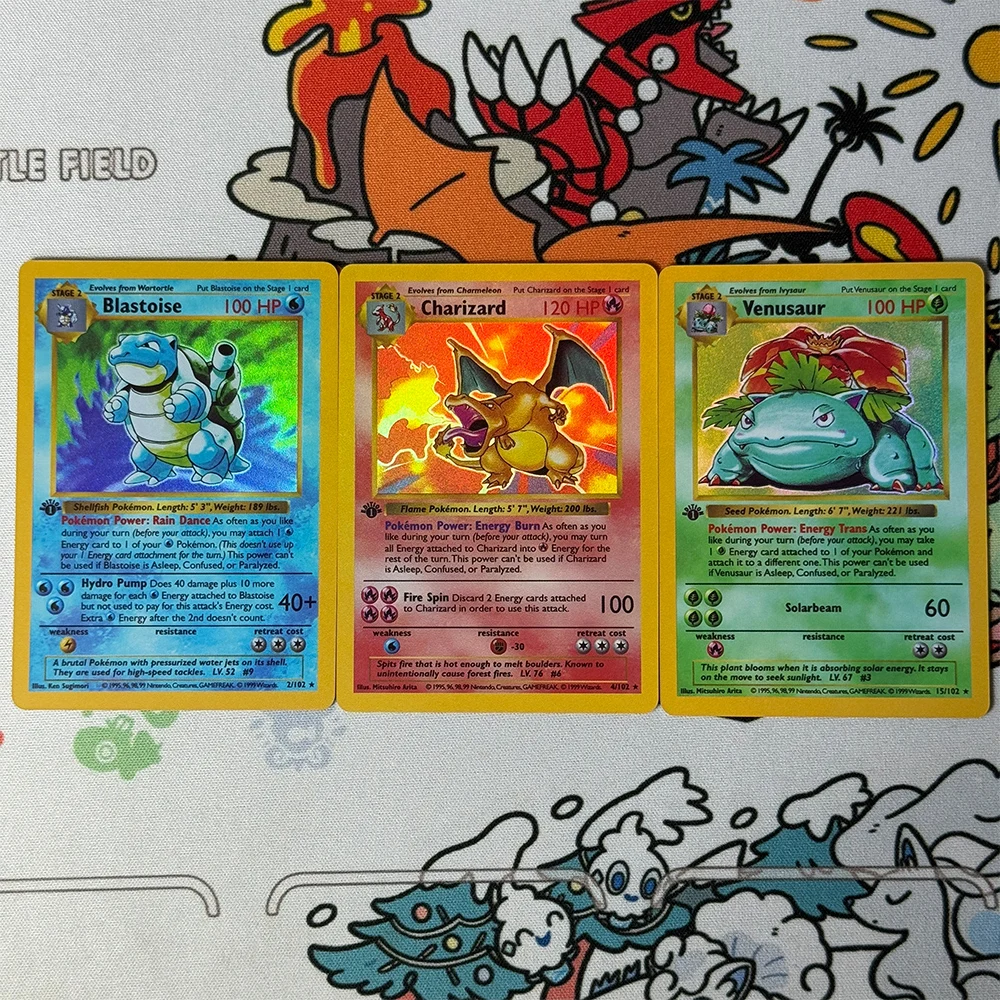 Proxy English 1999 P.M. Juego # 4 Tarjetas Coleccionables de Charizard HOLO de 1.ª Edición, Regalo de Anime, Tarjeta PTCG de Blastoise y Venusaur
