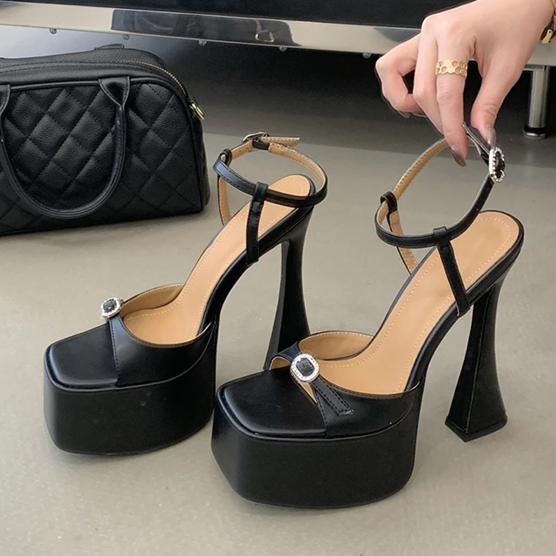 Liyke Summer Sexy Thick Bottom Square Toe 16CM Chunky High Heels Wedding Prom Shoe Fashion Crystal Buckle Platform Sandals Women