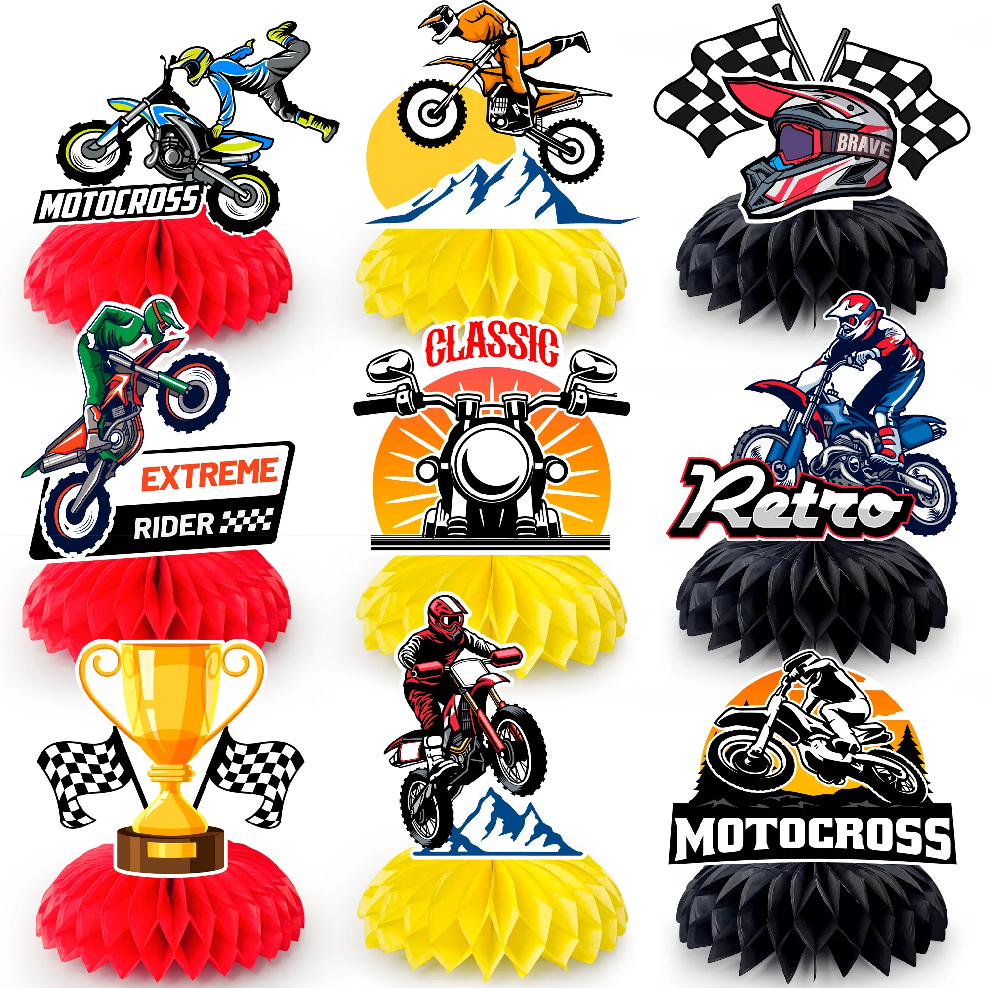Centre de table en nid d'abeille pour moto, 9 pièces, centres de table joyeux anniversaire en nid d'abeille pour décorations de fête d'anniversaire pour Dirt Bike