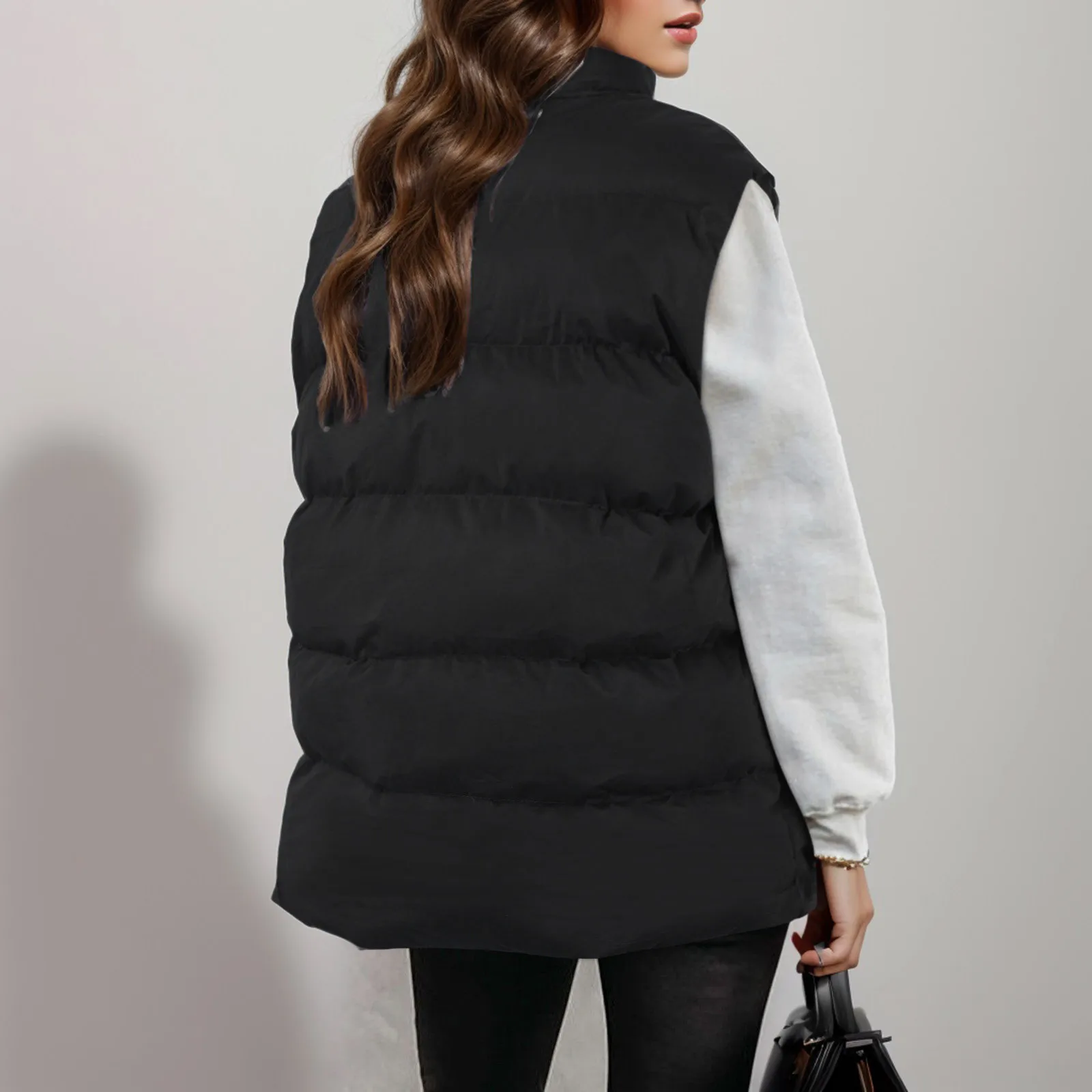 Outerwear Sleeveless Stand Collar Slant Pockets Zipper Vest Overcoat Women Winter Removable Hat Warm Cotton Padded Waistcoat