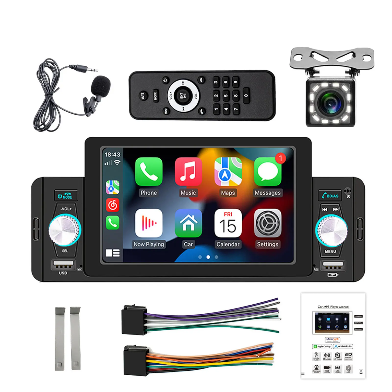 

Bluetooth HD Car Single DIN 5Inch Touch Screen Stereo Radio FM/USB/AUX/Microphone Support Wired Carplay & Android Auto