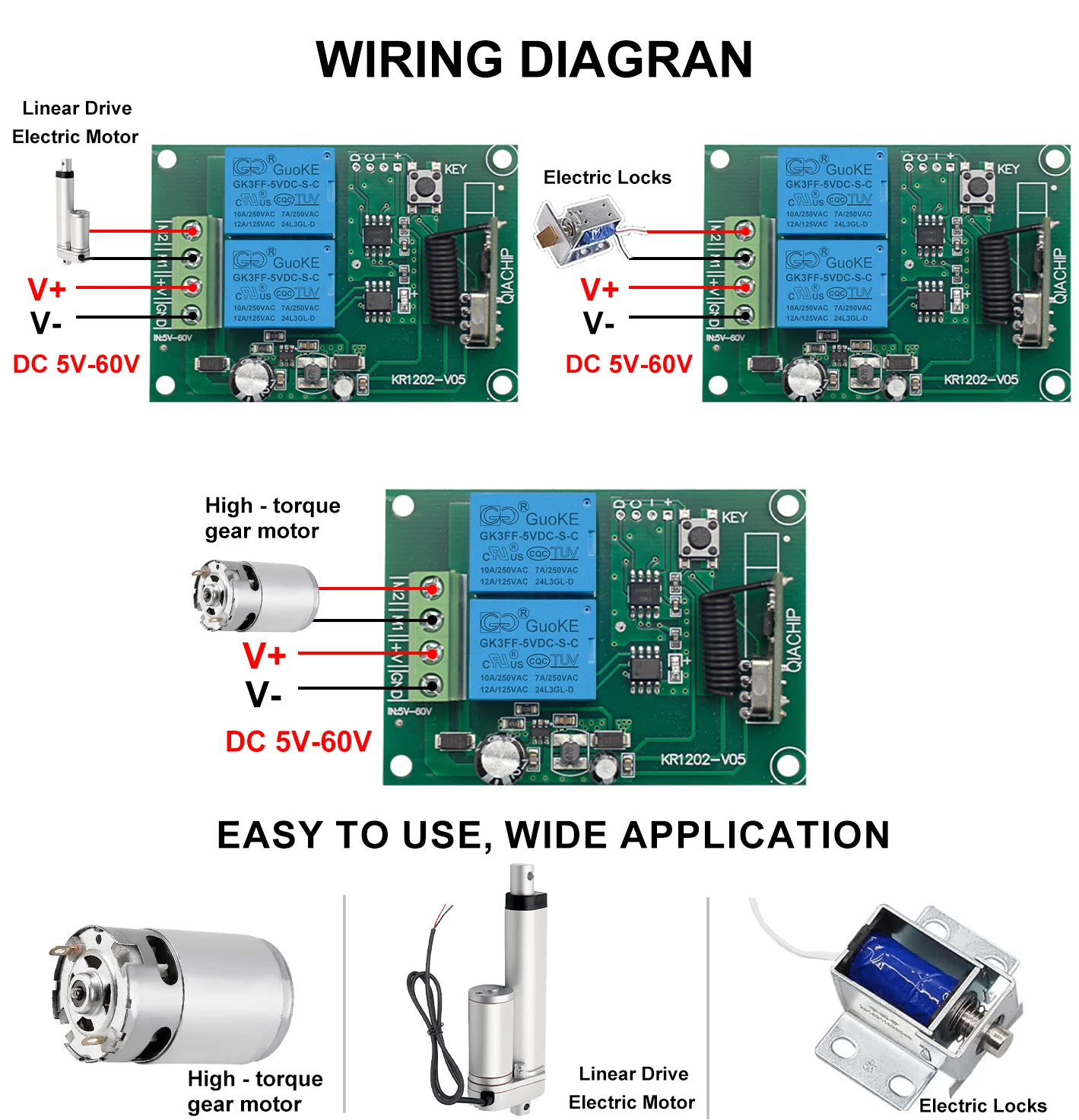 RF Motor Remote Control Switch 433MHz DC 6V 12V 18V 24V 48V 60V Relay Module Transmitter for Motor Forwards Reverse Stop/DIY