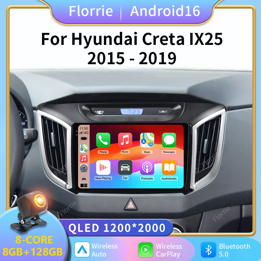 Android 16 For Hyundai Creta IX25 2015 - 2019 2K QLED Car Radio Navigation GPS Player Stereo WiFi 4G BT Carplay Auto DSP DVD
