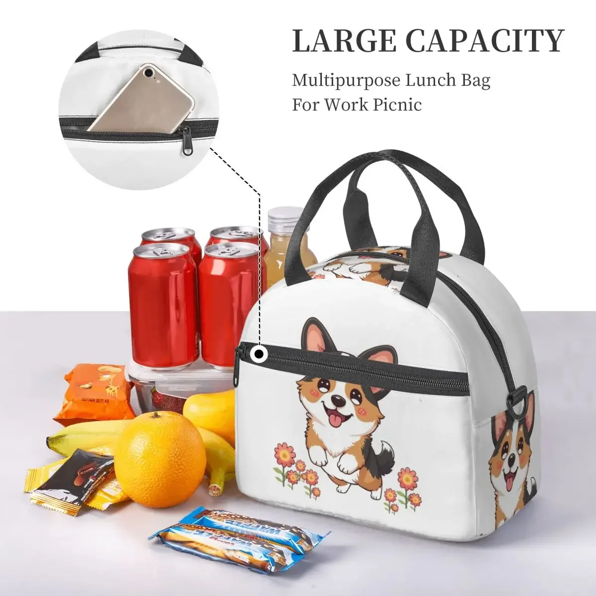 Kawaii Tricolor Corgi In The Garden Insulated Lunch Bag for Women Kids Portable Food Boxes Thermal Lunch Box Tote