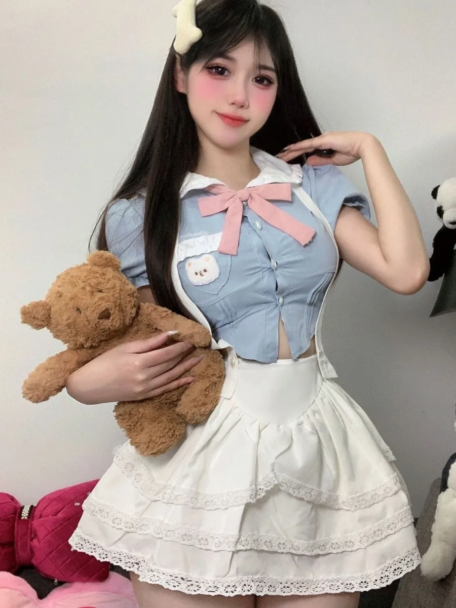 Academy Style Sweet Set Short Puff Sleeve Slim Shirt Top Summer New High Waist White Cake Short Skirt Uniform Set For Women C396