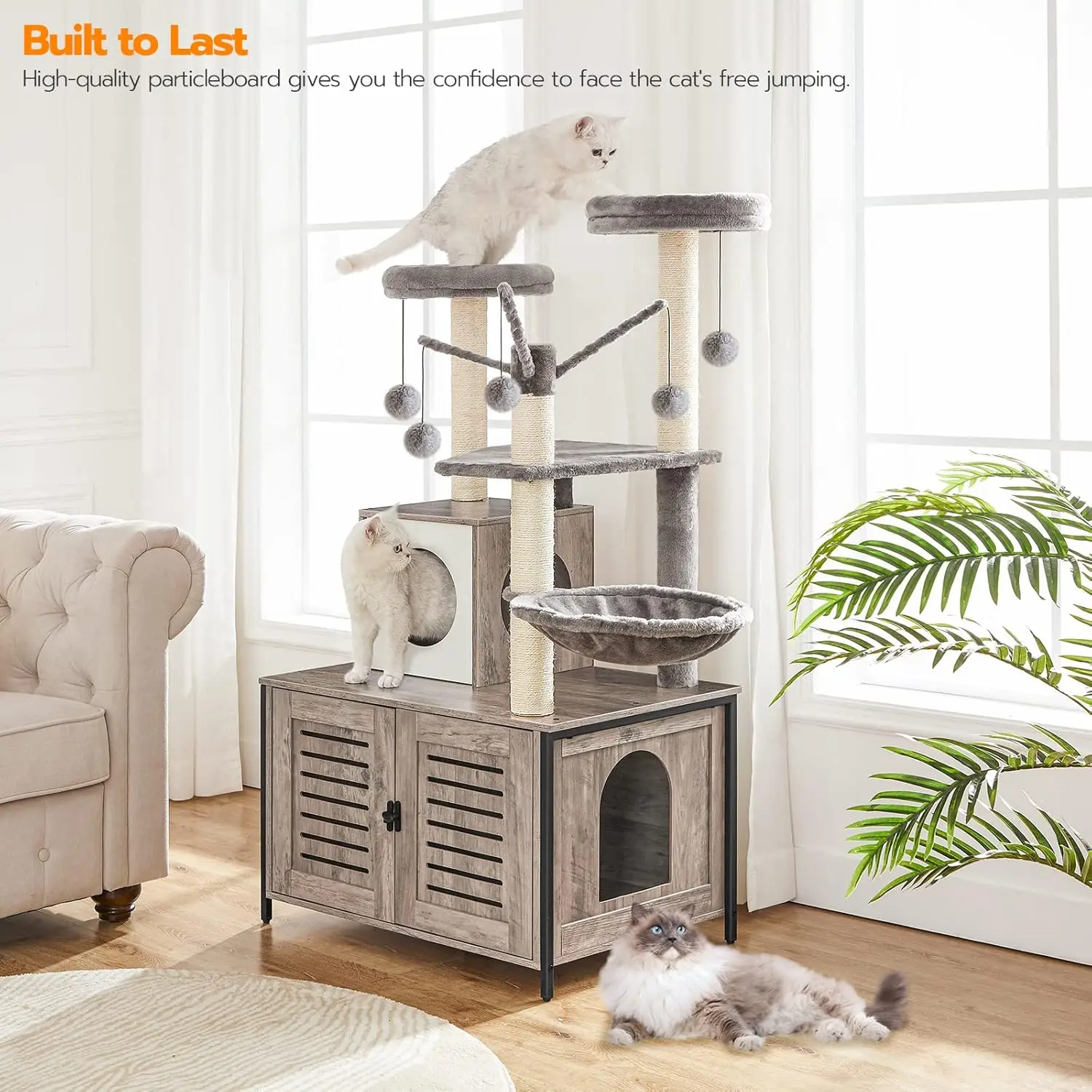 Indoor Use, Wooden Cat Tree in Greige, All - in - One with Litter Box, Hammock and Detachable Teaser Sticks