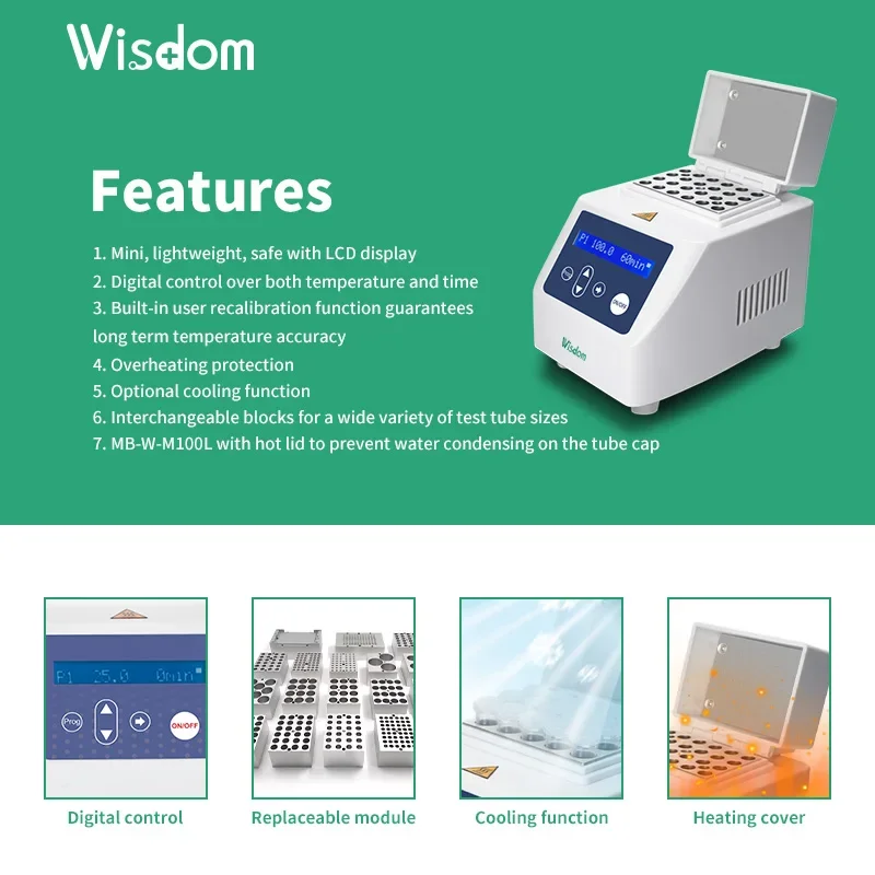 WISDOM Compact PCR Dry Block Heater 0-100°C ±0.5°C Precision Magnetic for DNA/Protein Research and Academic & Clinical Labs