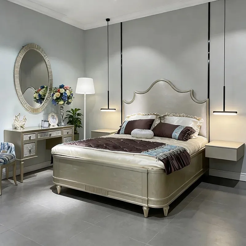 American retro rural solid wood bed double 1.8 meters master bedroom wedding with soft bed French light luxury