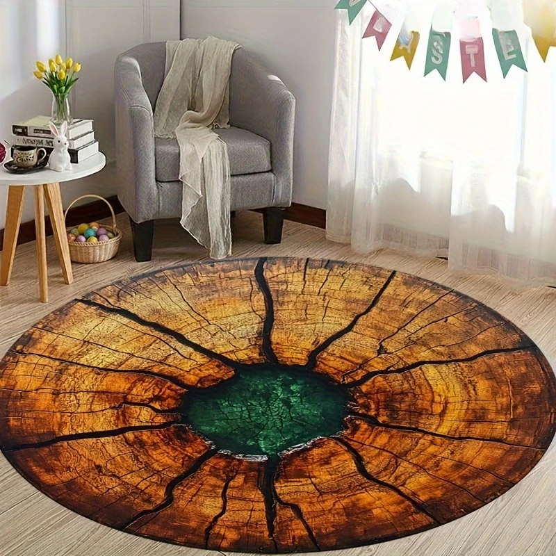 Retro Tree Trunk Cross Section Circular Rug Natural Wood Grain Crack Design Anti Slip Round Doormat Farmhouse Indoor Floor Rug