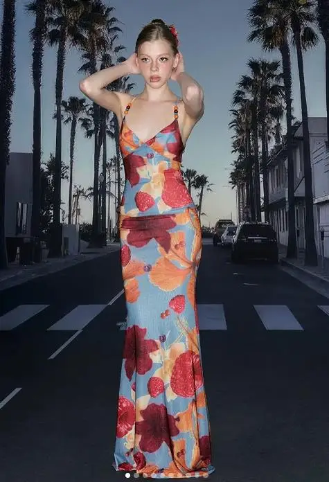 

Women's Floral Print Cami Dress Sleeveless Spaghetti Strap V-Neck Back Cross Slim Long Dress