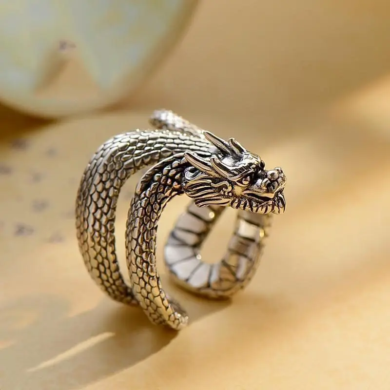 Classic silver 925 Chinese style domineering dragon head mens rings glossy retro style handsome High quality ring jewelry