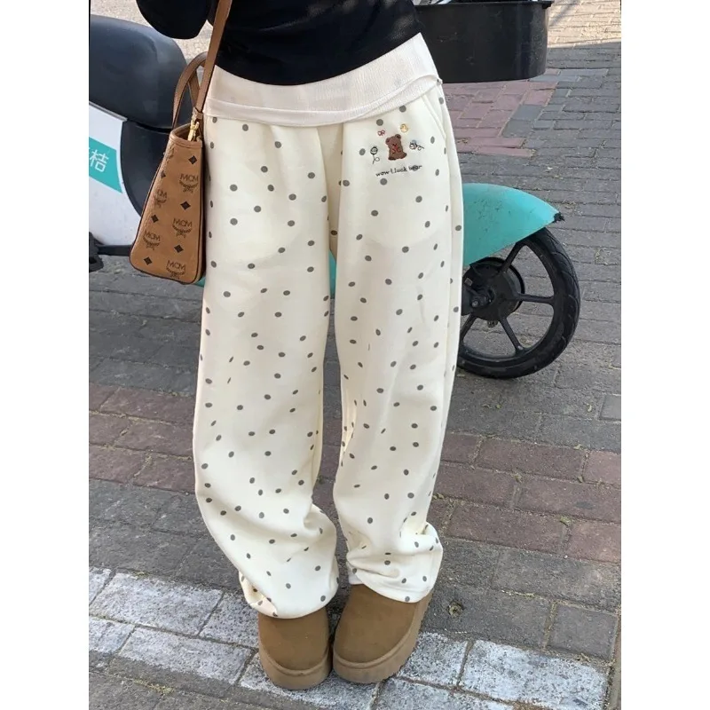 Deeptown Japanese Casual Dot Pants Woman Harajuku Kawaii Cute Wide Leg Embroidery Trousers Korean Autumn High Waist Pantalones