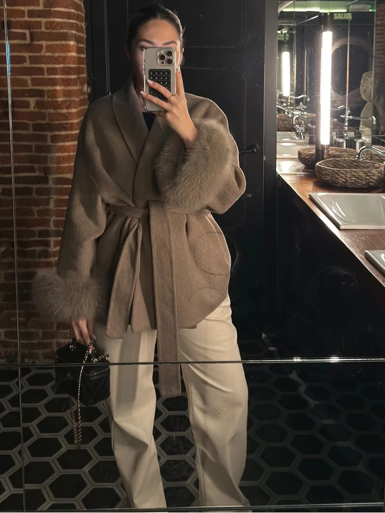 Dámské vintage kabáty s dlouhým rukávem a opaskem z tvídu, otevřené kabáty, 2025, dámské podzimní ležérní bundy pro ženy, klopy, plyšové kabáty z umělé kožešiny - náhled 4