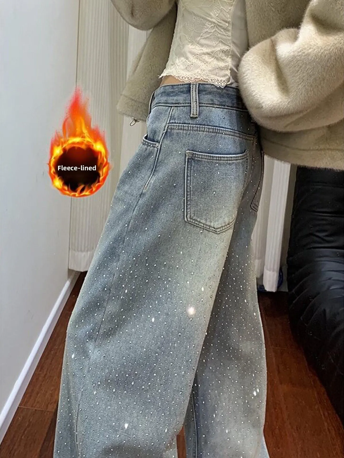 

Shiny Diamond Blue Vintage Jeans Women High Waist Wide Leg Pants Summer New Style Sparkling Star River Series American Style