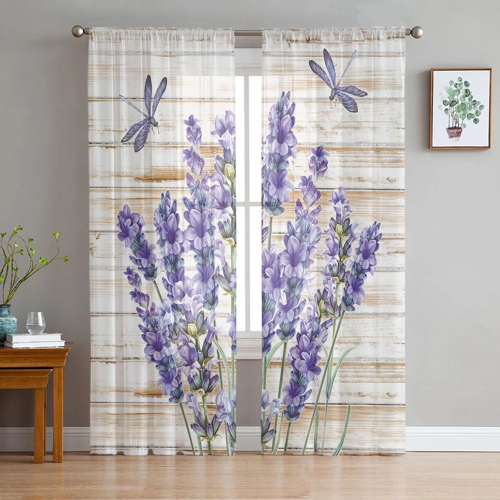 

Purple Flower Lavender Dragonfly Wood Sheer Curtains for Living Room Decoration Window Curtain Kitchen Tulle Voile Drapes