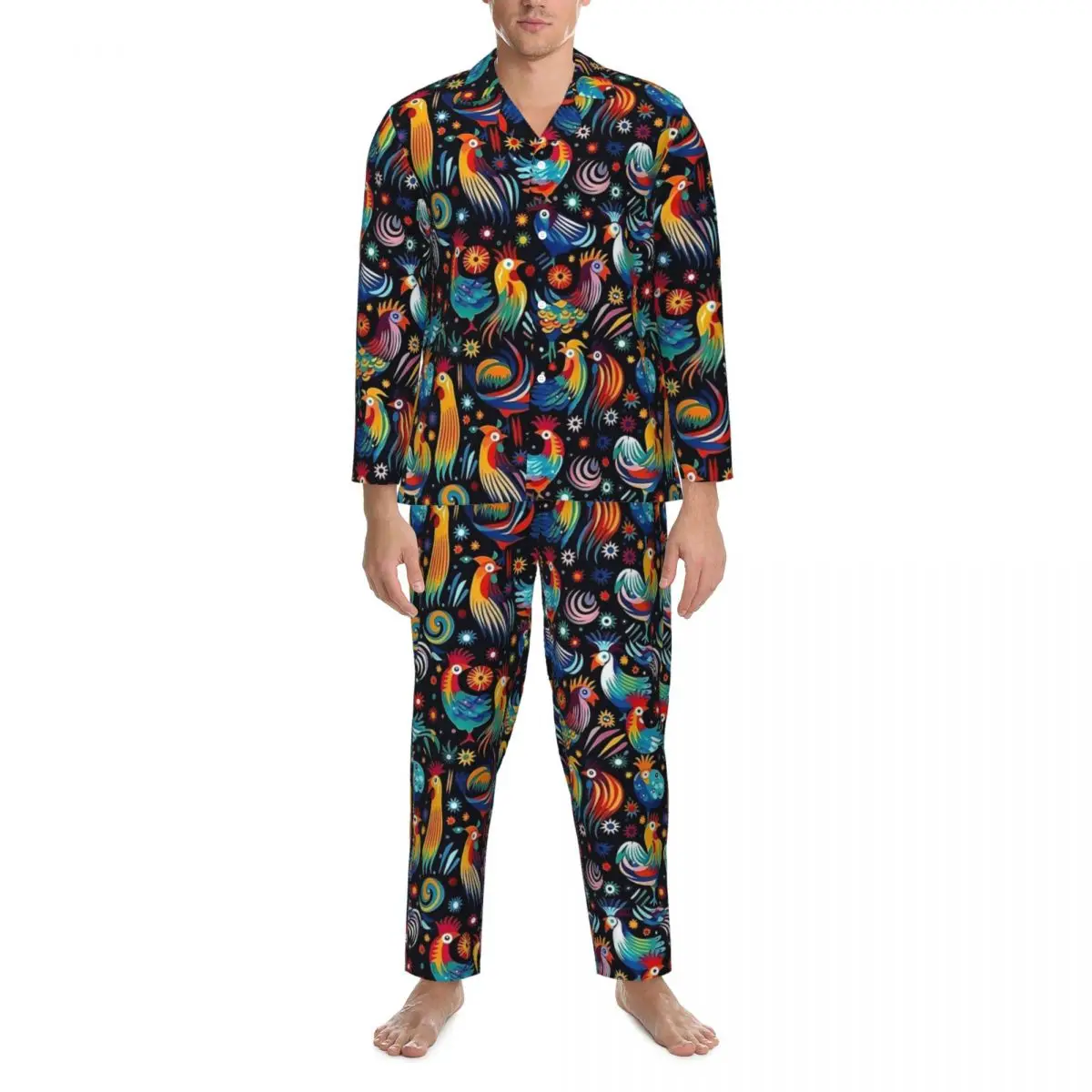 Whimsical Chickens Pajamas Set Abstract Animal Warm Sleepwear Male Long Sleeves Vintage Room 2 Pieces Home Suit Large Size