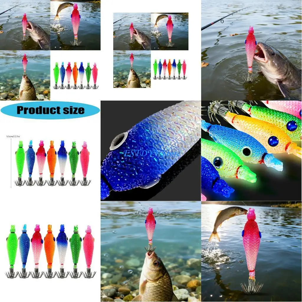 

G6DE Pack of 7 Fishing Lures Baits Glow Jig Hook 5.5cm Glow Squid Jig Artificial Hard Baits Cuttlefish Hook