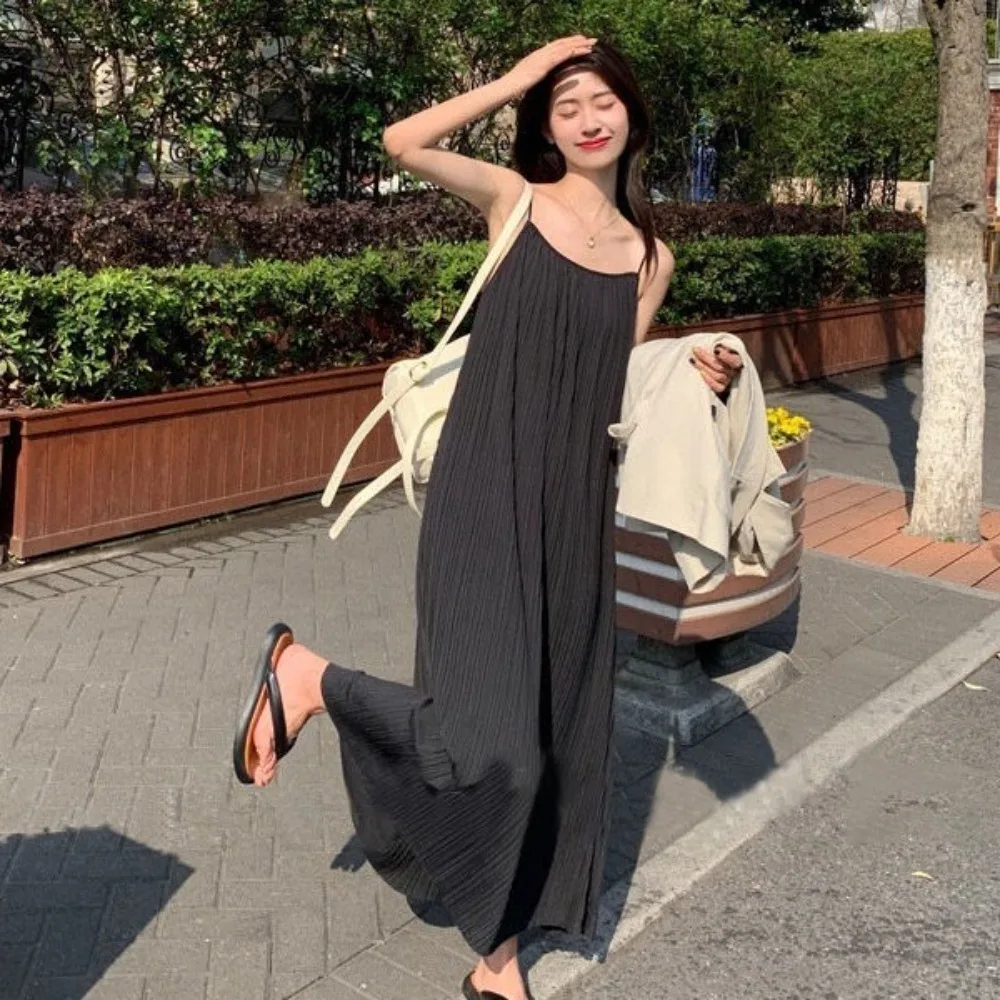 

Elegant A-line Loose Sling Dress Solid Color Round Neck Sleeveless Long Dress Beachwear Beach Vacation Sundress Summer