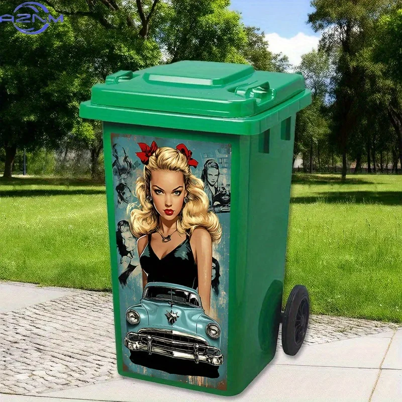 1pc Luxury Pin-Up Style Blonde Woman & Classic Car Peel-and-Stick Trash Can Sticker - High-Gloss Paper Decal for Plastic Bins,
