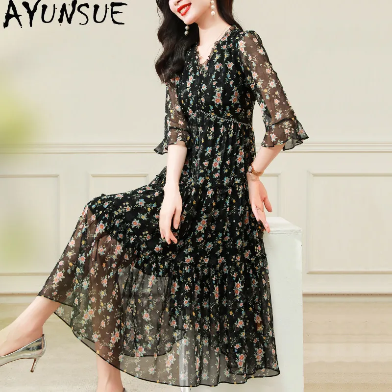 

AYUNSUE 100% Real Mulberry Silk Dress for Women Clothing Fashion Summer Dress Printing Elegant Womens Dresses Vestidos Mujer