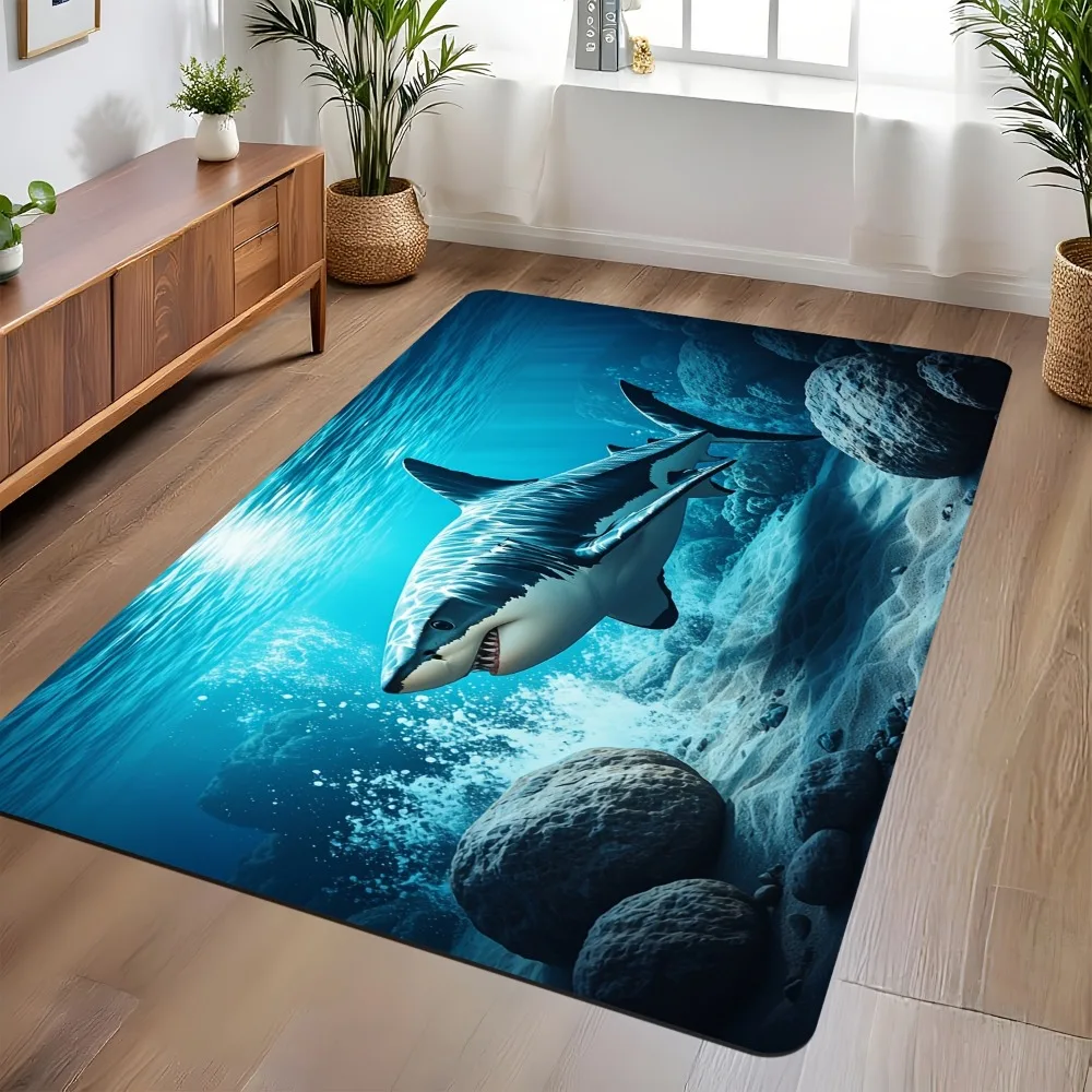 Shark Pattern Design Rectangular Area Rug, Non-Slip Floor Mat for Living Room Bedroom Study, Outdoor Patio Garden Entryway Decor