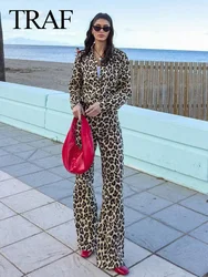 TRAF 2024 Spring Women's Leopard Print Street Pants Suit Long Sleeve Lapel Pocket Shirt+High Waist Straight Leg Pants Trendy Set