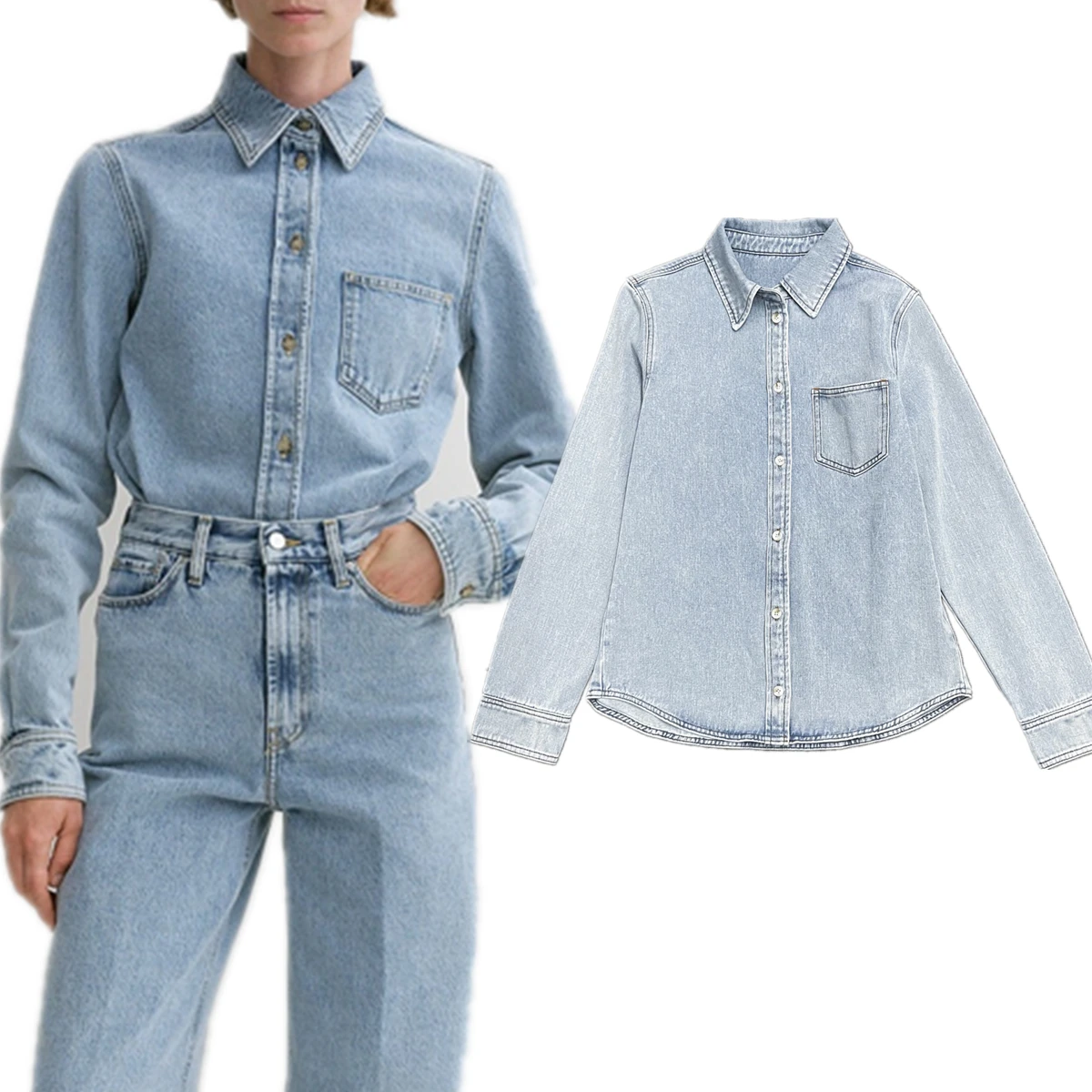 

Dave&Di Minimalist Retro Style Fashionable Washed Light Blue Denim Shirt Women Tops Long Sleeve Women Casual Shirt