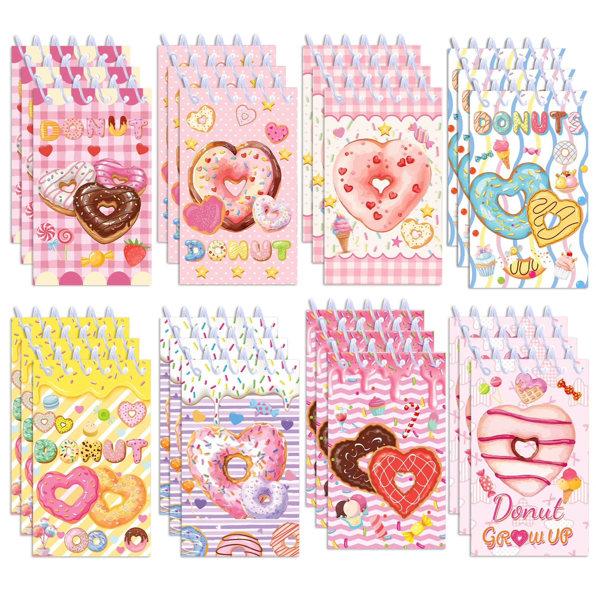8/16/24pcs Donut Theme Spiral Notebook, Cute Heart Donut Candy Pattern Mini Notepad, Birthday Christmas Party Favor Small Gifts