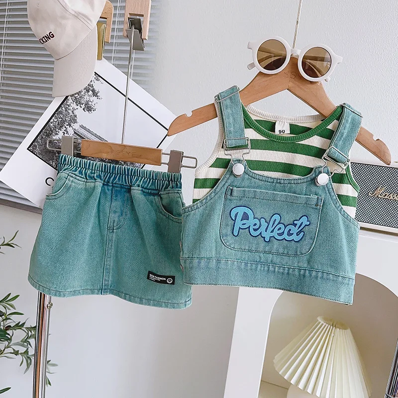 

25Girls' Summer Clothing Denim Suit New Baby Green Striped Vest+Denim Strap Top+Three-piece Skirt Set