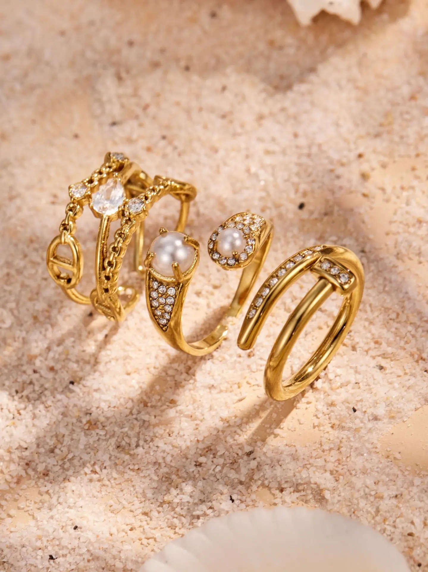 316L Edelstahlring, mehrlagig, mit Perlen und Zirkonia, tropfenförmig, offener Ring, 18 Karat vergoldet, schick, modern, zarter Schmuck für Damen – Detail 13
