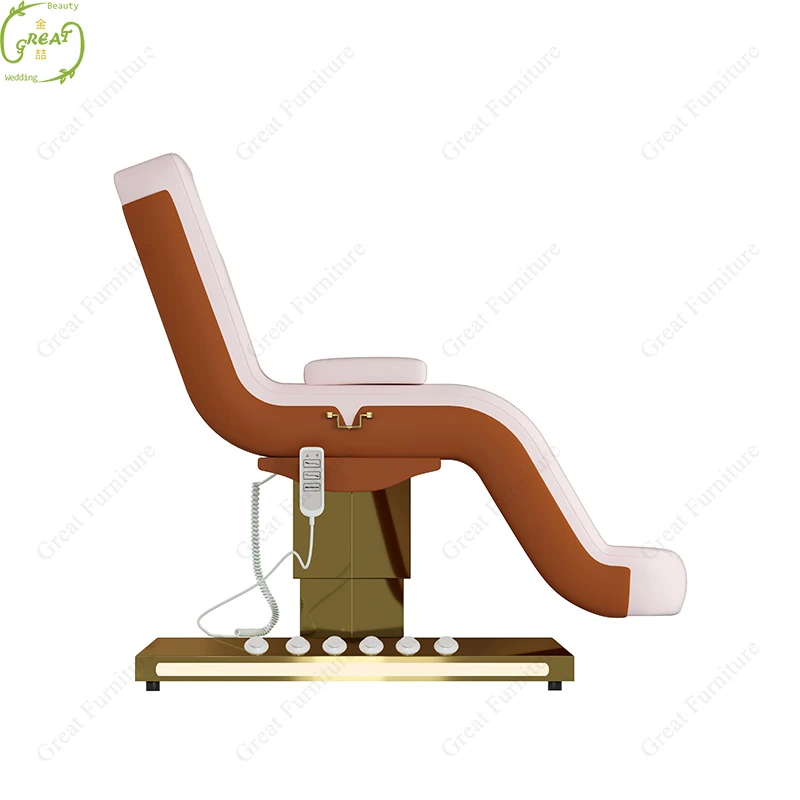 Mesa de masaje con Base dorada de cuero rosa, diseño de nueva llegada, cama de Spa Facial eléctrica de 3 motores con Control de pie, 2024