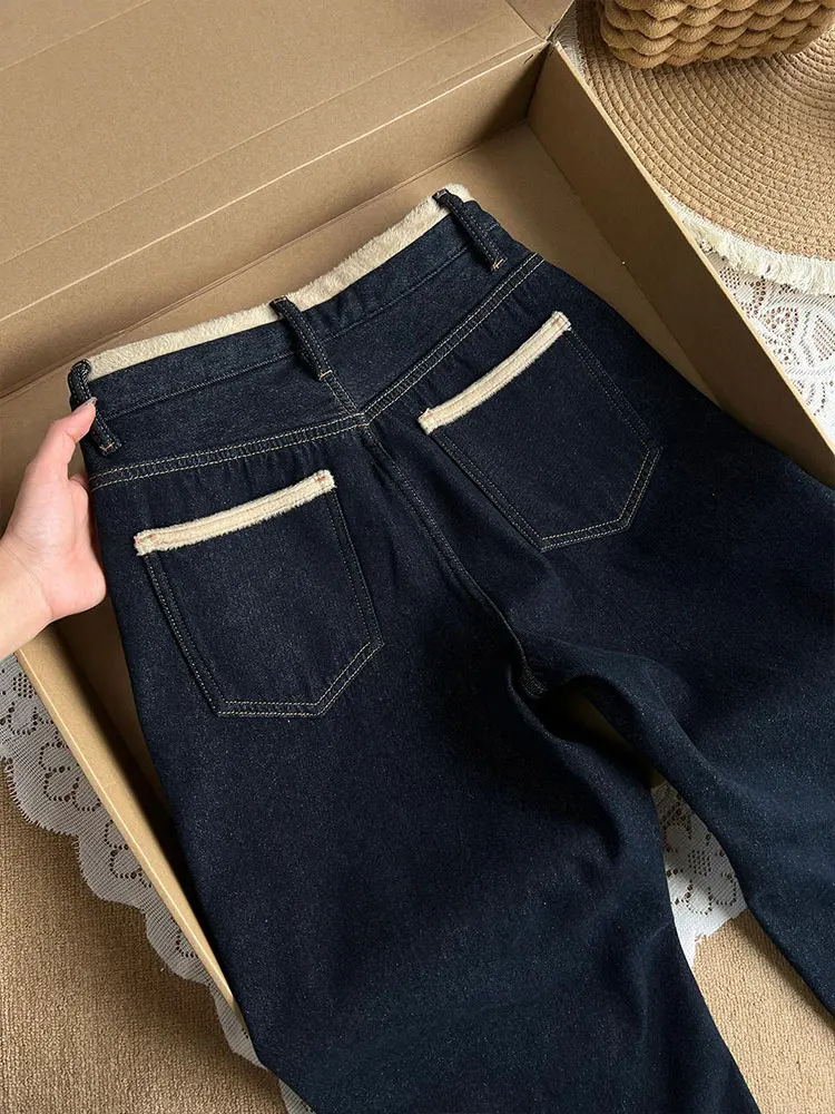 Jean Denim Rétro en Peluche pour Femme, Pantalon à Jambes Larges, Bleu Profond, Décontracté, Style Paresseux, Conception à Fermeture Éclair String, Mode Hiver, Nouveau