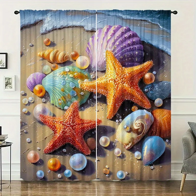 Starfish and shell pattern curtains, installed with pocket rods, are suitable for bedrooms, living rooms, balconies can be used