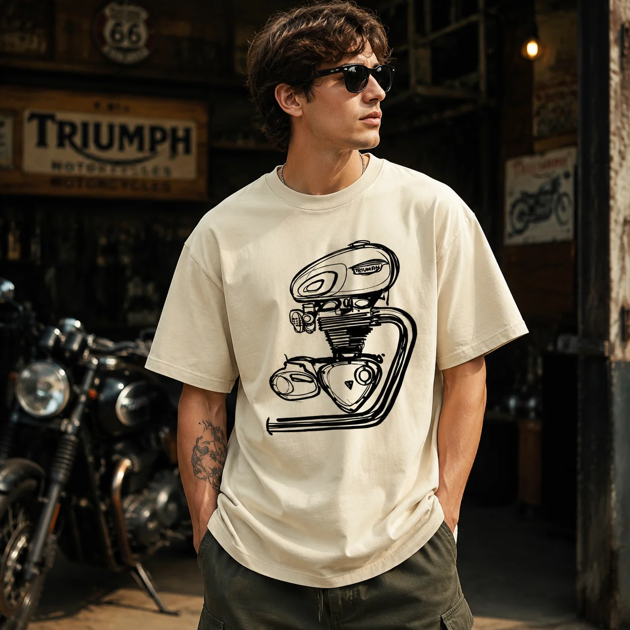 New Trendy Motorcycle Engine Modified T120 Retro Printed T-shirt for Car Enthusiasts, Men's Loose Short Sleeved Shirt