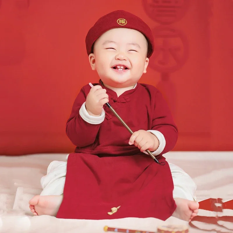 2024New Chinese Hanfu For Baby Kids Boys Chinese New Year Outfit Red Traditional Clothing Kung Fu Cotton Birthday Gift