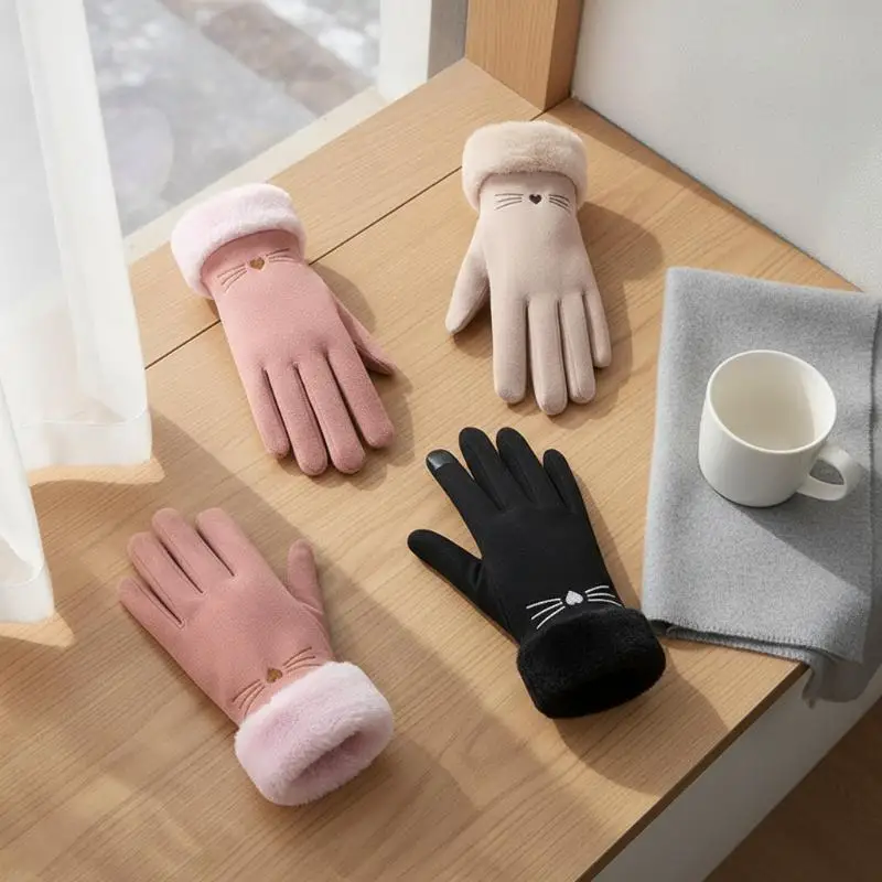Warme Winterhandschuhe für Damen, winddicht, mit niedlichem Katzenmotiv und kältebeständigen Eigenschaften, dickes Fellfutter und Touchscreen-Funktion. – Detail 3