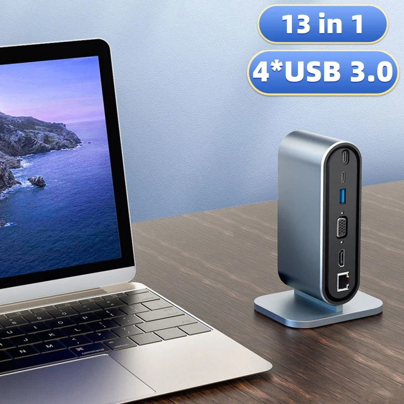 

Адаптер USB Type-C в HD концентратор 13 в 1 двойной дисплей 4K/30Hz 100W RJ45 VGA конвертер USB 3,0 Ethernet SD Кардридеры для ноутбука