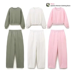 Casual Basic Two Piece Sets 3 Colors Cotton Pants Set Lady Suit Combi-pants O-neck Sweatshirt Sets High Waist Straight Leg Pants