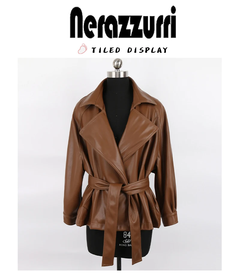 Nerazzurri Spring Autumn Short Brown Black Soft Light Faux Leather Jackets for Women Belt Lapel Casual Loose Korean Fashion 2022