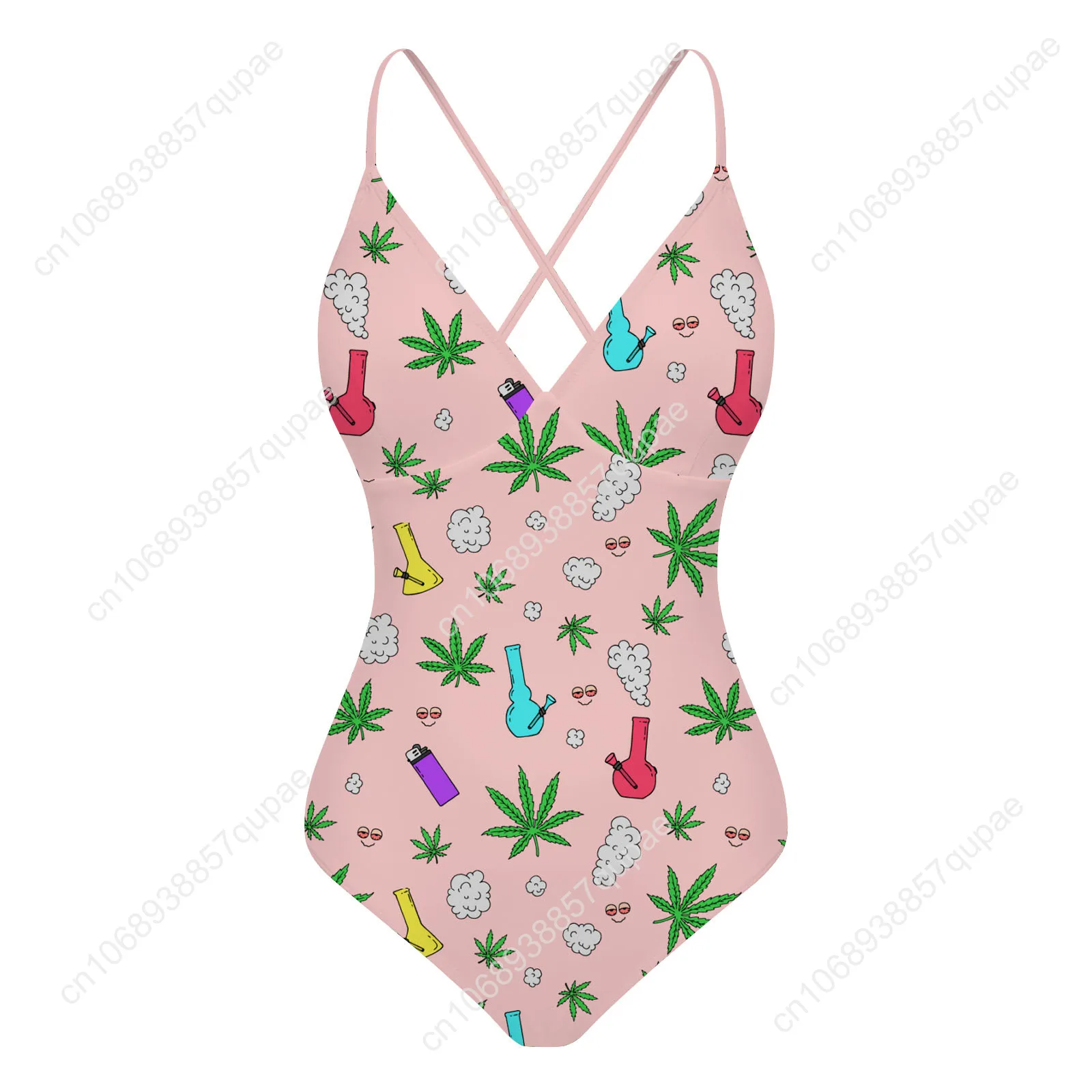 Leaf Weed Rasta MarijuanaYellow Green Custom V-neck Halter Back Swimsuit Womens Bathing Suits Bikini Beach Swimwear Beachwear