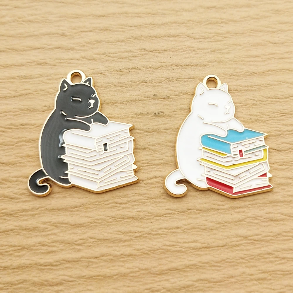 10pcs Book Cat Charm Jewelry Accessories Enamel Necklace Earring Bracelet Pendant Diy Making Supplies Alloy Metal Gold Plated