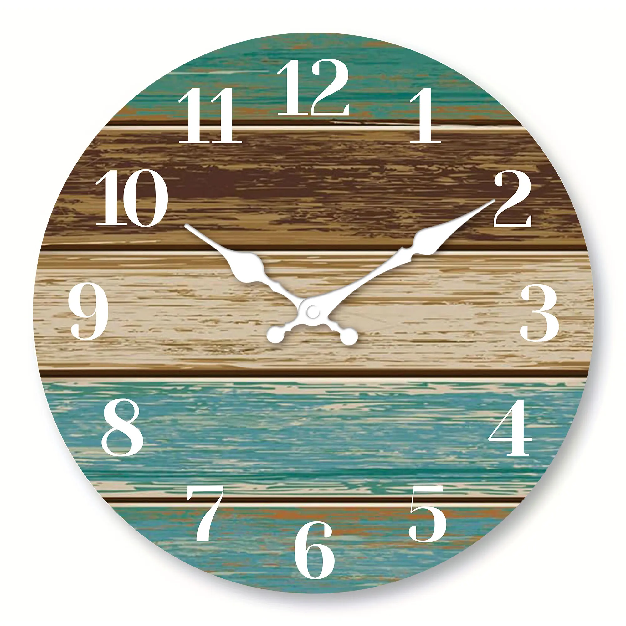 1pc Wooden veneer wall clock, retro blue and brown wood texture design wall clock, home mute clock, Coast Sea theme blue wall cl