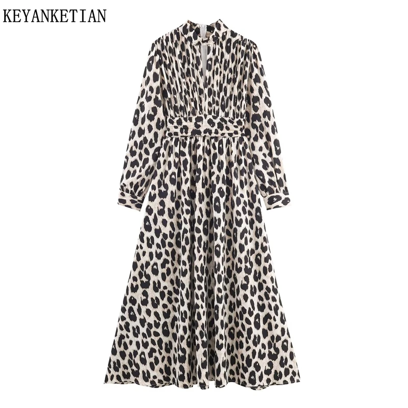 

KEYANKETIAN весеннее новое женское облегающее платье трапециевидной формы с круглым вырезом и длинными рукавами с животным принтом, длинная юбка для отпуска
