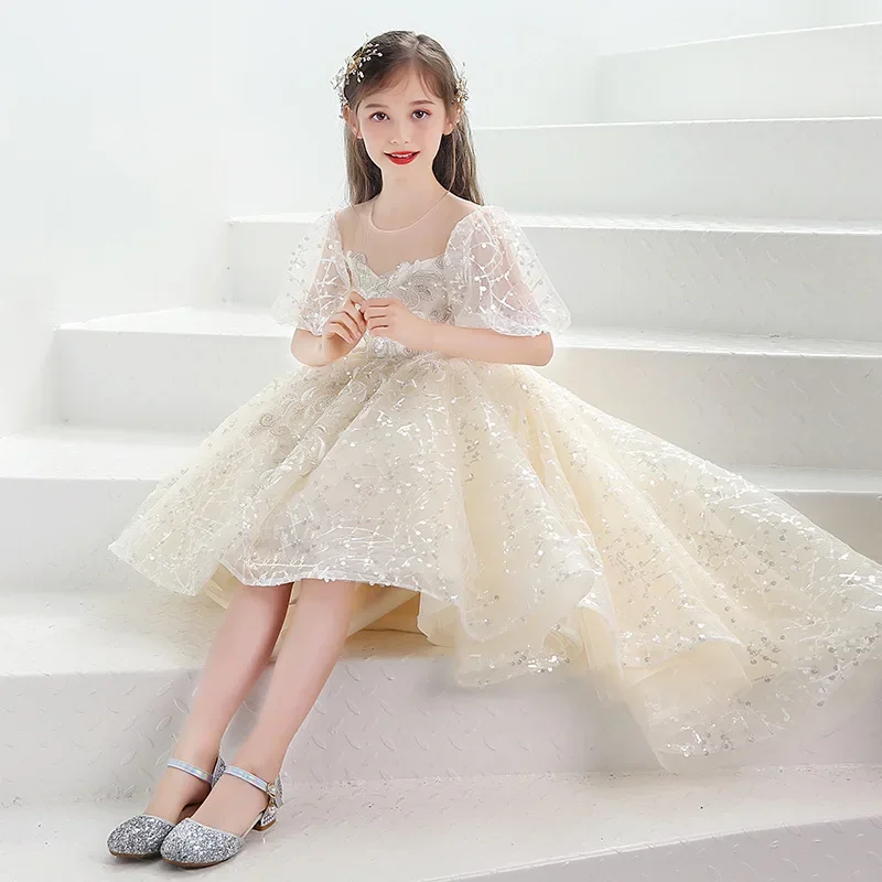 

Children's Prom Piano Performance Elegant Formal Dress Christmas Easter Birthday Party Host Evening Dress Lace Sequin Vestidos