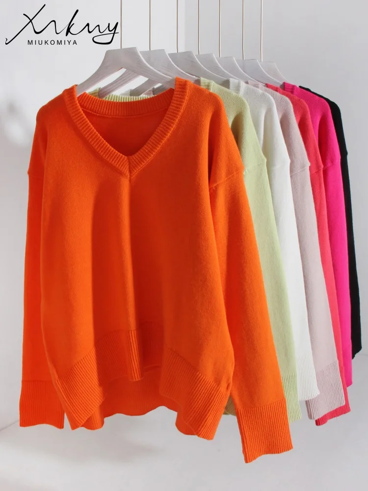 MiuKoMiYa Orange Oversize Sweaters For Women Winter V Neck Loose Pullovers Sweaters 2023 Melon Red Warm Sweater Woman Knitwear