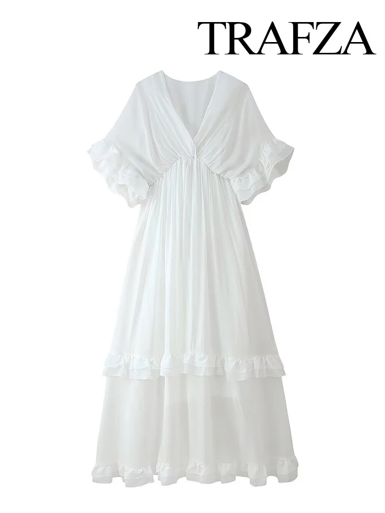 TRAFZA Summer Women's Fashion Solid V-neck Midi Short Sleeve Long Dress Female Casual Ruffle Edge Pleated Sexy Waist Dress