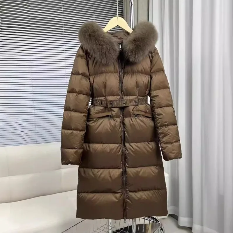 Long Style Fox Fur Collar Hooded 90% White Duck Down Coat Women Fashion Zipper Front Slim Waist Winter Thick Puffer Jacket