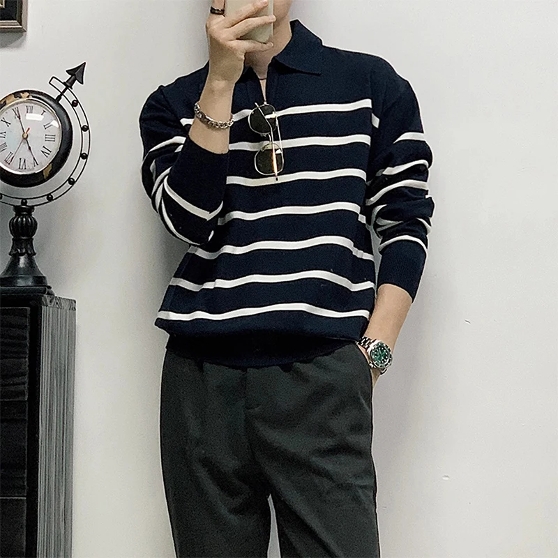 

Casual Striped Knitwear Men's Faionable Commuter Seagull Collar Ne Long Sve Winter Base Layer irt Korean Sle