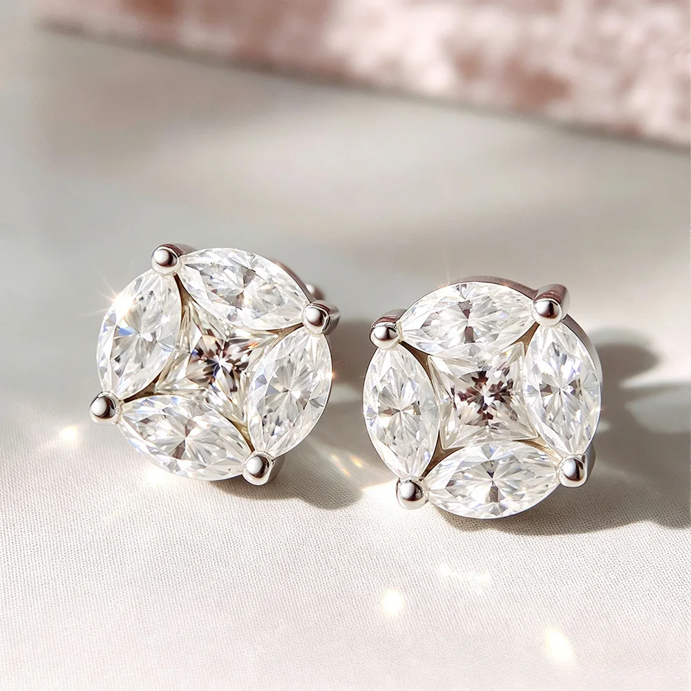 OEVAS 3.2cttw Full Moissanite Stud Earrings 100% S925 Silver Cluster Star Princess/Marquise Cut Lab Diamond Wedding Jewelry Gift view 3