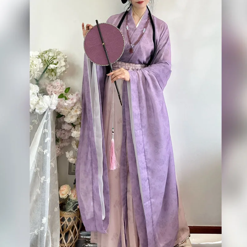 Hanfu wanita gaya Jin keren asli kerah lebar Dynasties utara dan selatan dewasa multilapis panjang pinggang lengan lebar